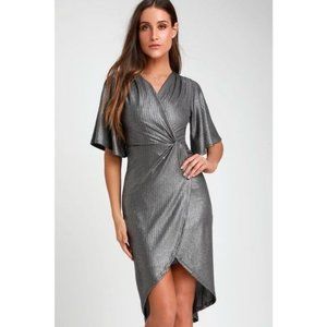 Lulus Silver Metallic You're The Stun HiLo Lined Midi Dress Stretch Size S